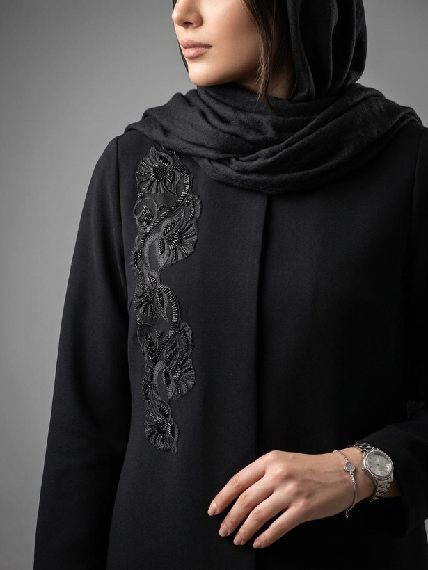 مانتو بلند مشکی جلوبسته زنانه | مدل سوزندوزی و گلدوزی